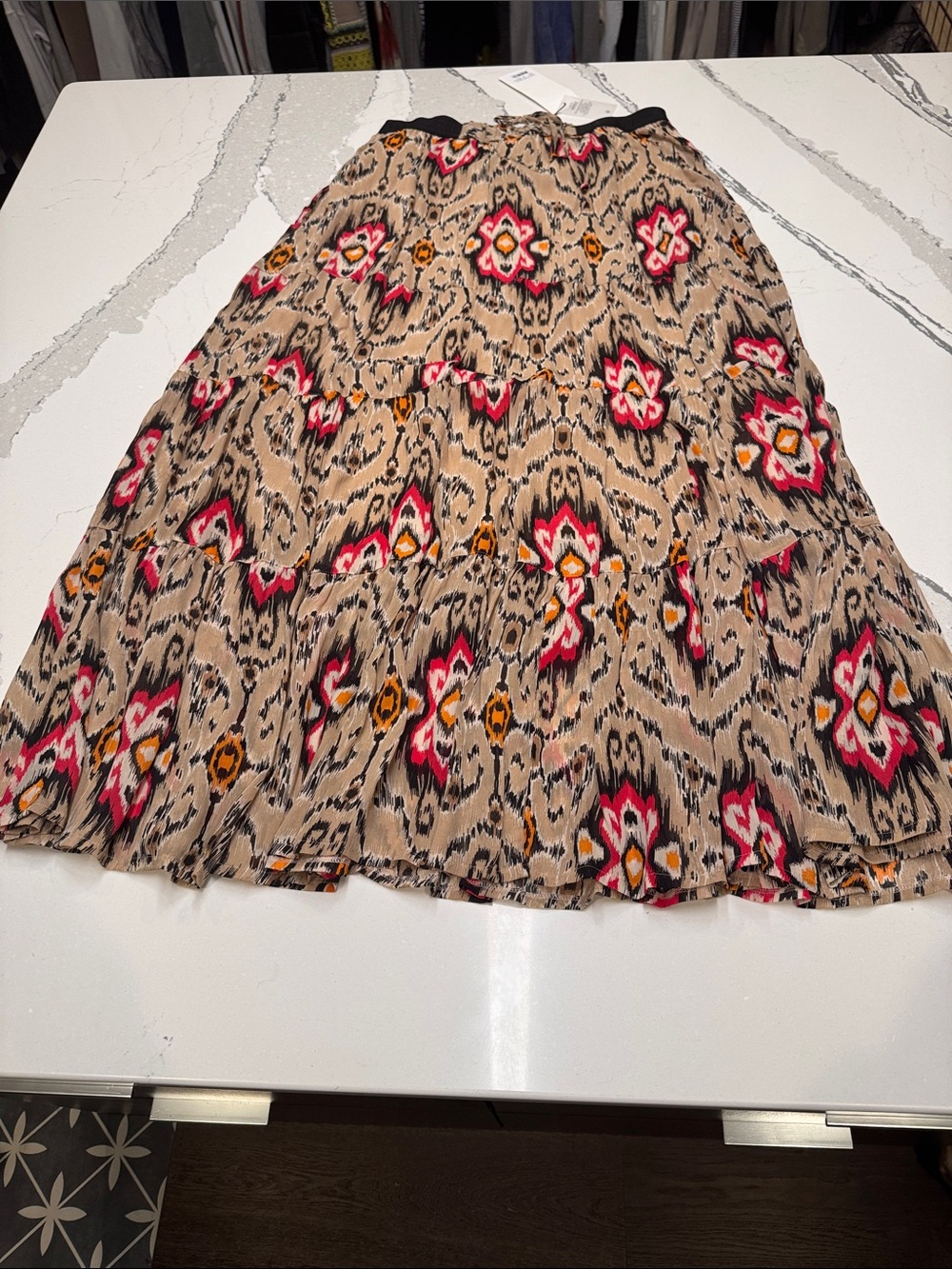 Summum Tiered Maxi Skirt in Beige with Red and Orange Ikat Motif EU42